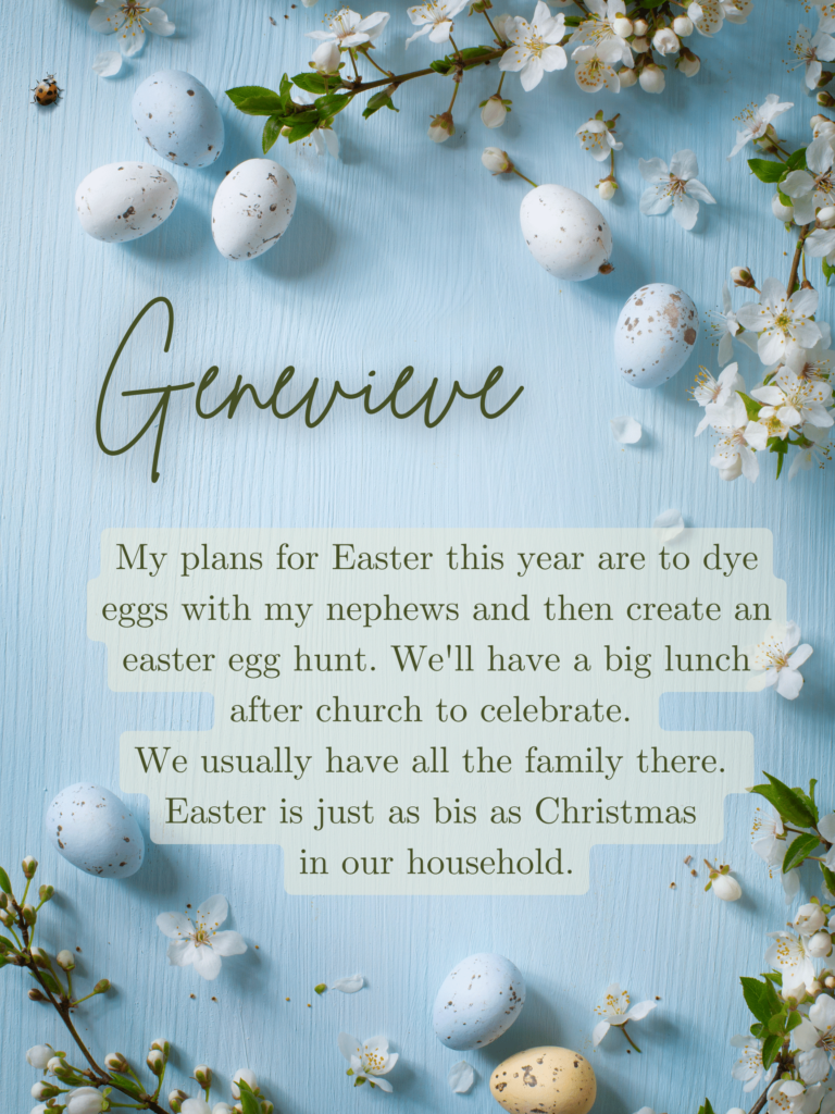 My plans for Easter this year are to dye eggs with my nephews and then create an easter egg hunt. We'll have a big lunch after church to celebrate. 
We usually have all the family there. 
Easter is just as bis as Christmas 
in our household.