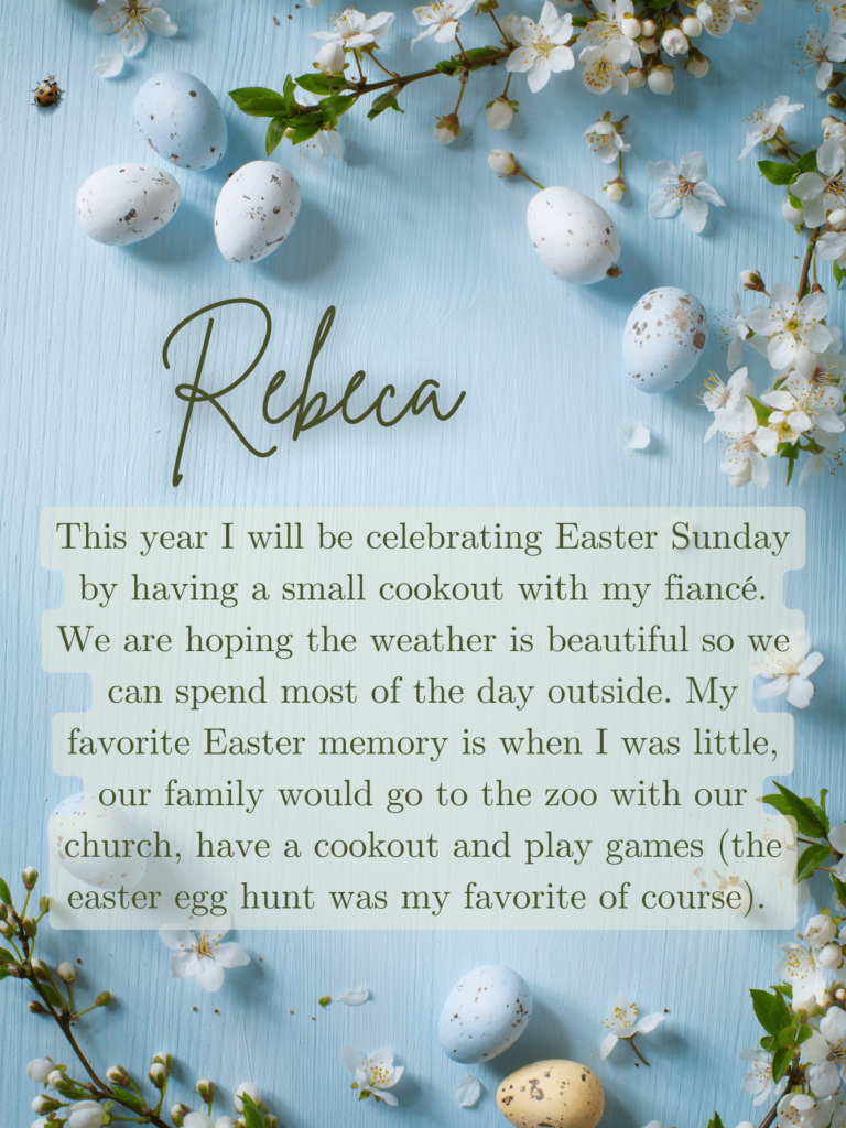 This year I will be celebrating Easter Sunday by having a small cookout with my fiancé. We are hoping the weather is beautiful so we can spend most of the day outside. My favorite Easter memory is when I was little, our family would go to the zoo with our church, have a cookout and play games (the easter egg hunt was my favorite of course). 