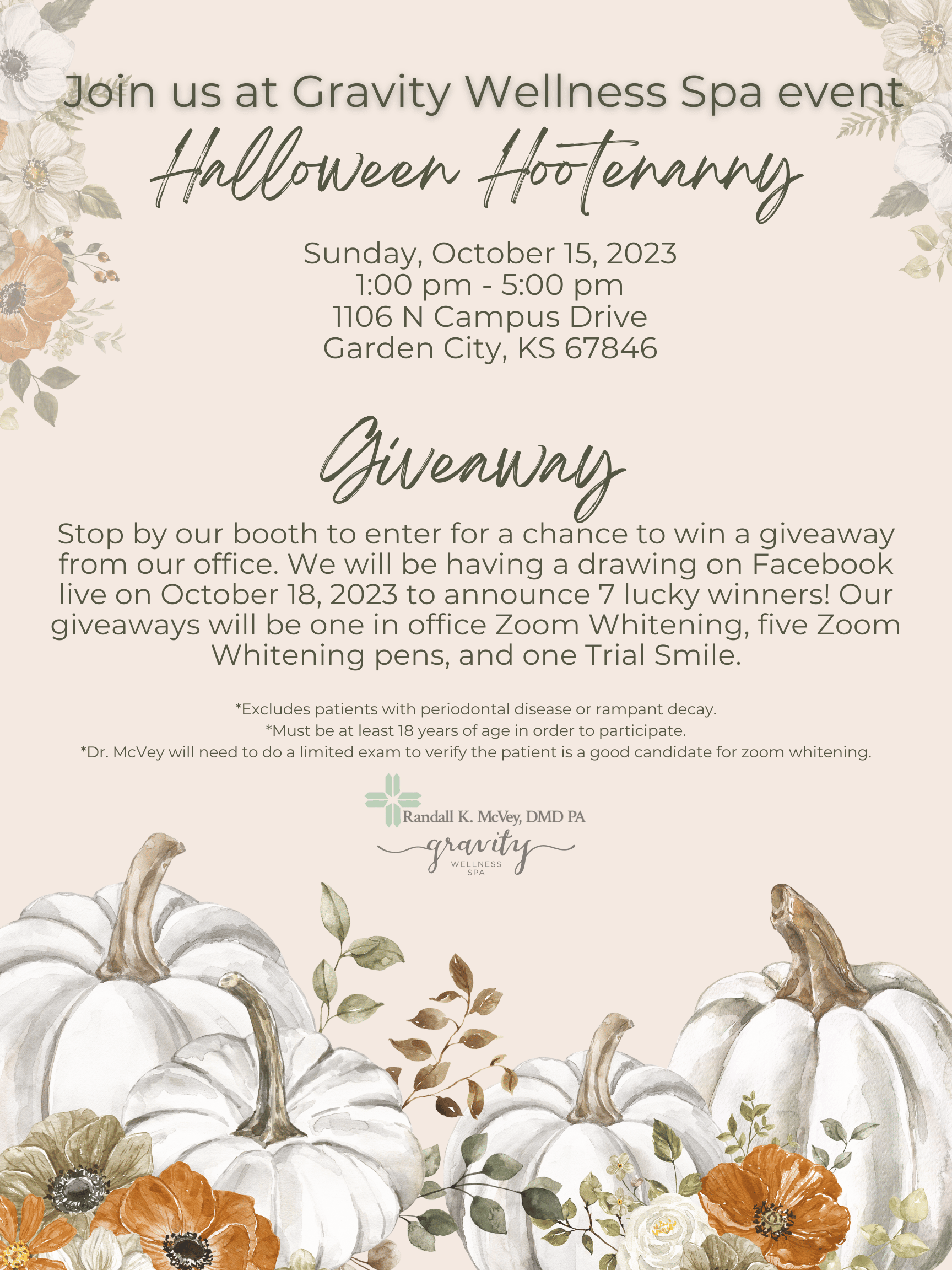 t's time for the annual Halloween Hootenanny at the Gravity Wellness Spa. We are thrilled to announce that Dr. McVey and Staff will be part of this spook-tacular event! Mark your calendars for Sunday, October 15, 2023, from 1:00 pm to 5:00 pm, at 1106 N Campus Drive, Garden City, KS 67846. We invite everyone to stop by our booth, where you can meet our dedicated team, learn more about our services, and join in the Halloween fun. But that's not all! We're also hosting an exciting giveaway that you won't want to miss.
