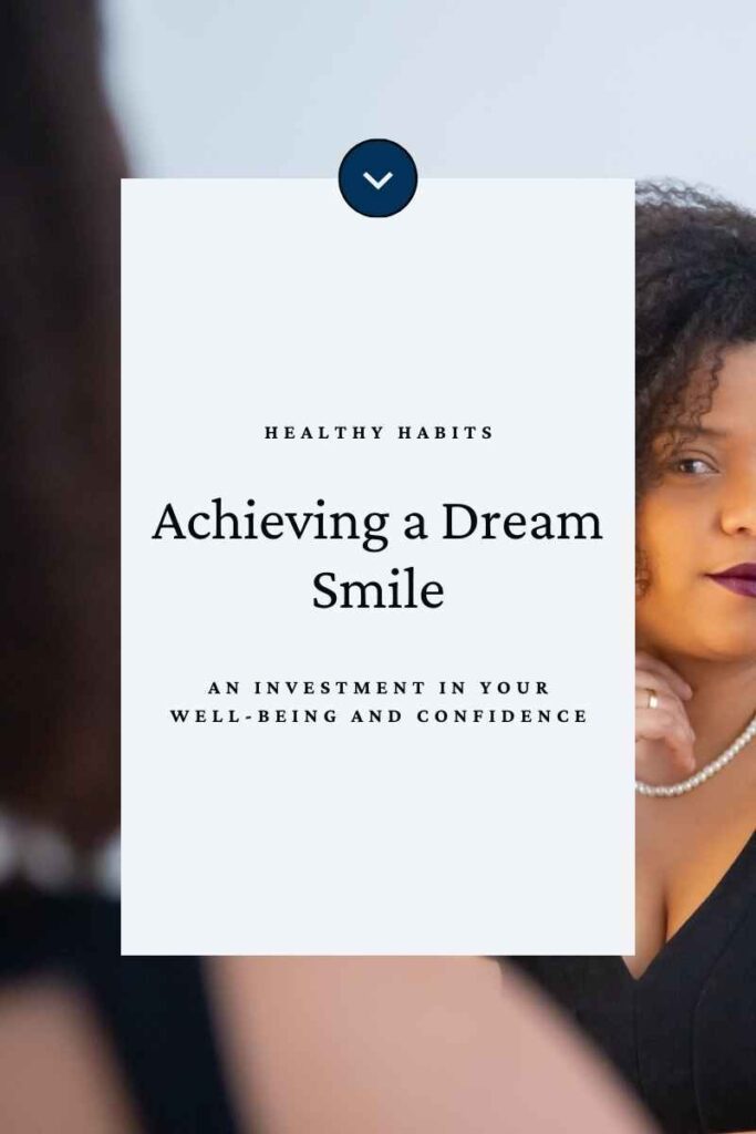 Image- version 2- for the Blog post. Reads: "Healthy Habits. Achieving a Dream Smile: An Investment in Your Well-being and Confidence."