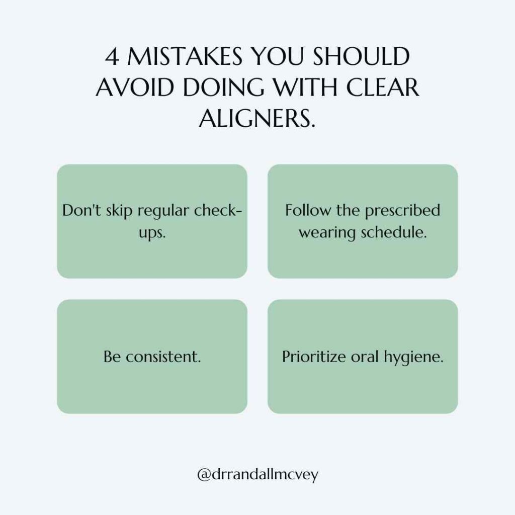 Image- version 2- for the Blog post. Reads: "4 Mistakes you should avoid doing with clear aligners.Don't skip regular check-ups. Follow the prescribed wearing schedule. Be consistent. Prioritize oral hygiene."