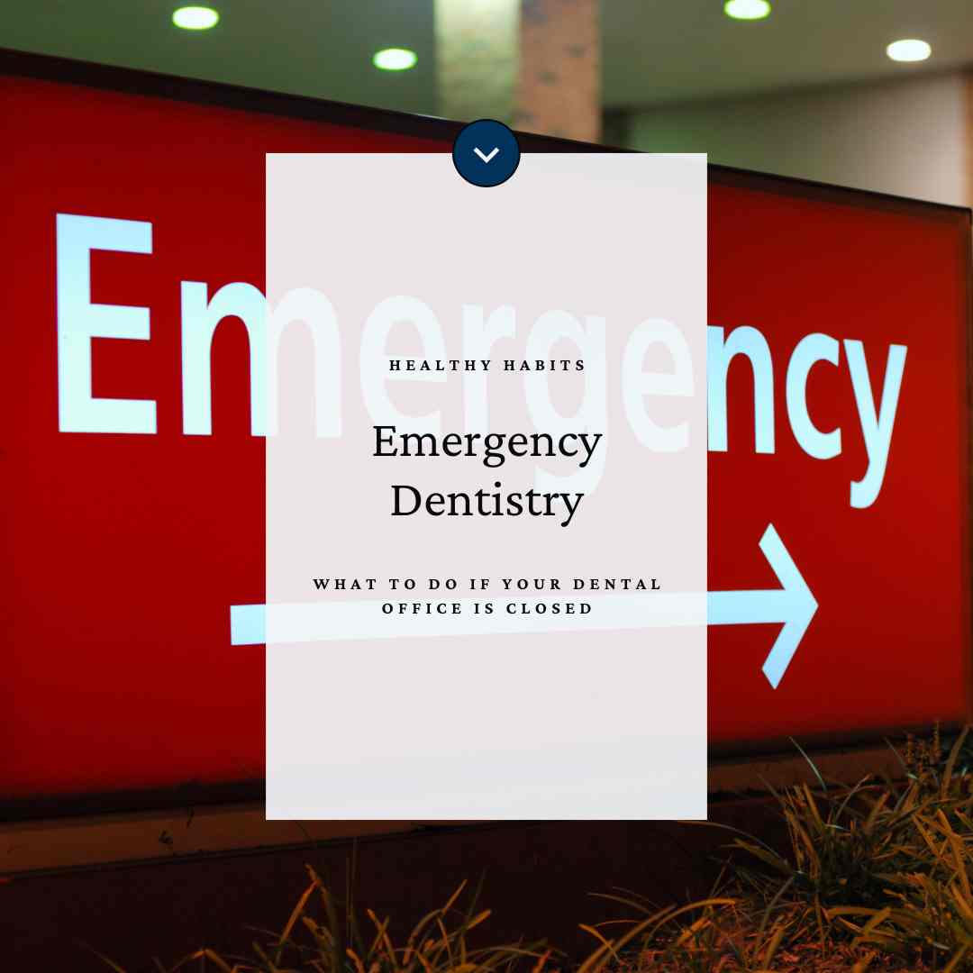 Featured Image- version 1- for the Blog post. Reads: "Healthy Habits. Emergency Dentistry: What to Do If Your Dental Office is Closed."