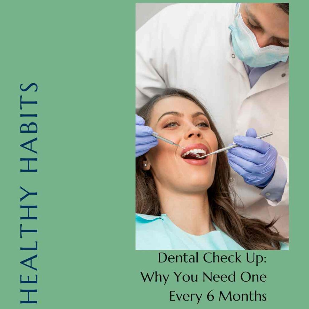 Featured Image- version 1- for the Blog post. Reads: "Healthy Habits. Bite-Sized Dreams: Dental Check Up: Why You Need One Every 6 Months."